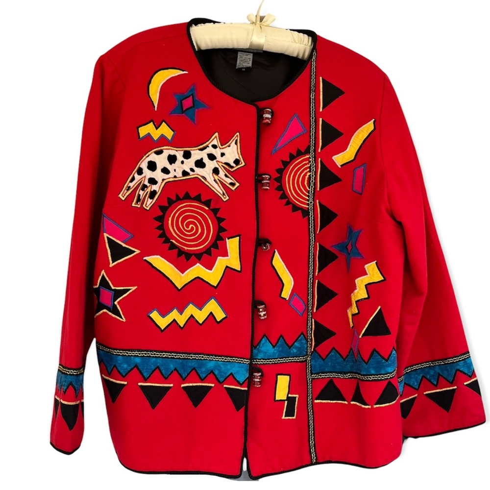 Vintage 90’s red  mixed media folk art whimsical print blazer jacket